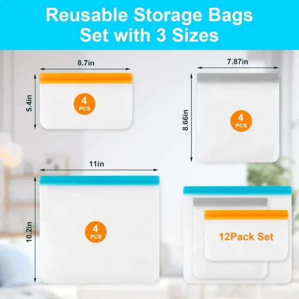 Reusable Silicone Food Storage Bags — 12 Pack